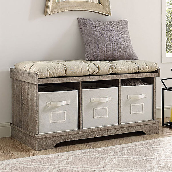 Storage Bench with Totes and Cushion in Driftwood Finish Storage Bench with Totes and Cushion in Driftwood Finish