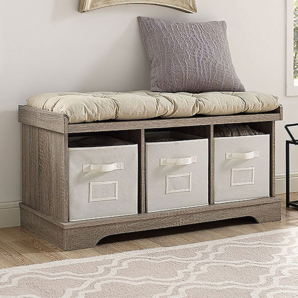 WE Furniture 42-inch Wood Storage Bench with Totes & Cushion, Driftwood WE Furniture 42-inch Wood Storage Bench with Totes & Cushion, Driftwood
