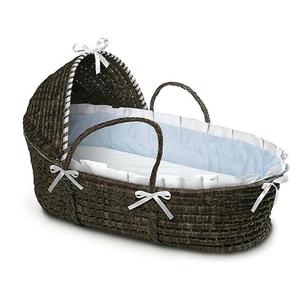 Badger Basket Moses Basket with Hood and Bedding, Espresso/Blue Gingham Badger Basket Moses Basket with Hood and Bedding, Espresso/Blue Gingham