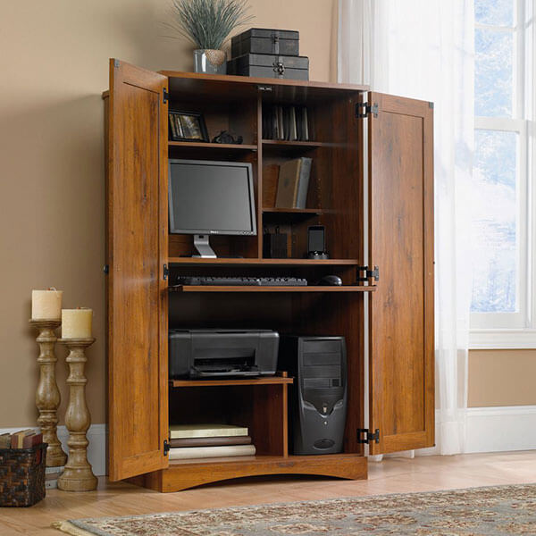 Sauder Harbor View Computer Armoire with Hidden Desk, Antiqued Paint Finish